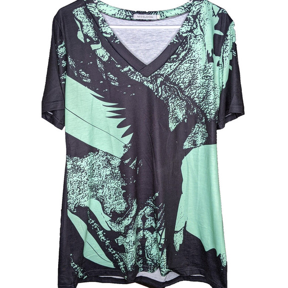 Misslook Short Sleeve Top Women’s Size 2XL Green and Black Design V Neck - Picture 1 of 5